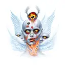 an angel with 6 wings, the wings covered in eyes. the head is covered in fire tattoo design idea