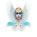 an angel with 6 wings, the wings covered in eyes. the head is covered in fire tattoo design idea