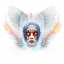 an angel with 6 wings, the wings covered in eyes. the head is covered in fire tattoo design idea
