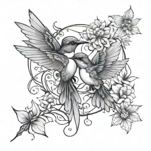 A black-grey tattoo design of a pair of intertwined hummingbirds surrounded by intricate floral patterns, symbolizing love and freedom tattoo design idea