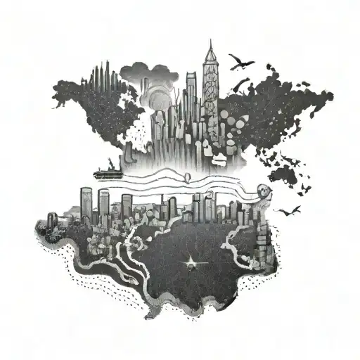 A dotwork tattoo of a map featuring the cities of Singapore, Beijing, Sydney, St Lucia, and St Marteen connected by dotted lines tattoo design idea