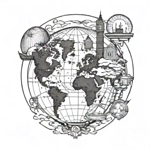 A tattoo design featuring iconic landmarks from London, Singapore, Beijing, Cape Town, St Lucia, St Marteen, St George, and Cleveland intertwined in a globe, symbolizing your love for international travel. tattoo design idea