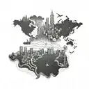 A dotwork tattoo of a map featuring the cities of Singapore, Beijing, Sydney, St Lucia, and St Marteen connected by dotted lines tattoo design idea