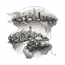 A dotwork tattoo of a map featuring the cities of Singapore, Beijing, Sydney, St Lucia, and St Marteen connected by dotted lines tattoo design idea