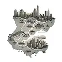 A dotwork tattoo of a map featuring the cities of Singapore, Beijing, Sydney, St Lucia, and St Marteen connected by dotted lines tattoo design idea
