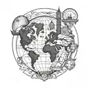 A tattoo design featuring iconic landmarks from London, Singapore, Beijing, Cape Town, St Lucia, St Marteen, St George, and Cleveland intertwined in a globe, symbolizing your love for international travel. tattoo design idea