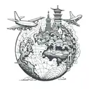 A tattoo design featuring iconic landmarks from London, Singapore, Beijing, Cape Town, St Lucia, St Marteen, St George, and Cleveland intertwined in a globe, symbolizing your love for international travel. tattoo design idea