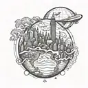 A tattoo design featuring iconic landmarks from London, Singapore, Beijing, Cape Town, St Lucia, St Marteen, St George, and Cleveland intertwined in a globe, symbolizing your love for international travel. tattoo design idea