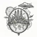 A tattoo design featuring iconic landmarks from London, Singapore, Beijing, Cape Town, St Lucia, St Marteen, St George, and Cleveland intertwined in a globe, symbolizing your love for international travel. tattoo design idea