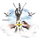 praying hands with clouds and doves flying and a cross in the background  tattoo design idea