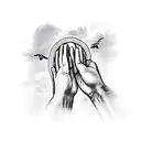 praying hands with clouds and doves flying and a cross in the background  tattoo design idea