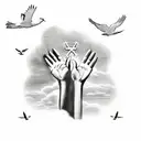 praying hands with clouds and doves flying and a cross in the background  tattoo design idea
