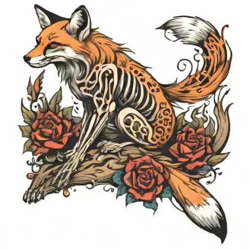 half alive half skeleton down the middle full body fox for an arm sleve  tattoo design idea