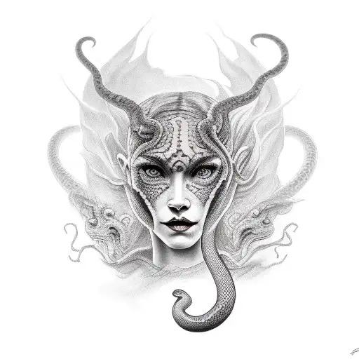 a face of a female devil with a coiled snake tattoo design idea