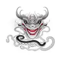 a face of a female devil with a coiled snake tattoo design idea