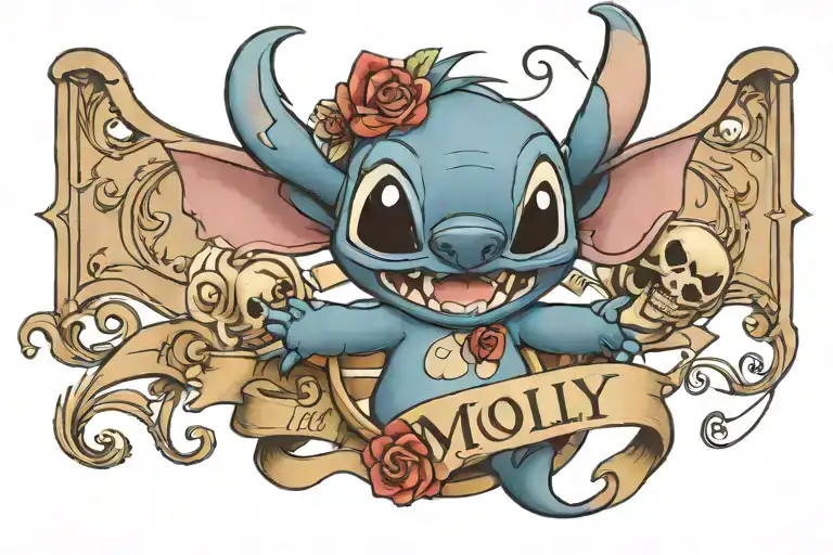 disneys stitch with the word MOLLY written inside surrounded tattoo design idea