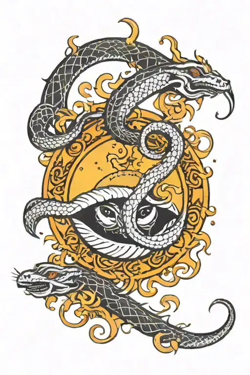 the crescent moon and the sun rays inside it, the crescent moon surrounded by snakes tattoo design idea