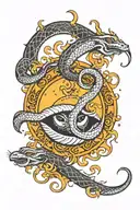 the crescent moon and the sun rays inside it, the crescent moon surrounded by snakes tattoo design idea