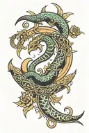 the crescent moon and the sun rays inside it, the crescent moon surrounded by snakes tattoo design idea