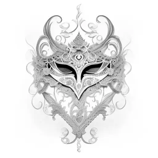 A black and grey tattoo of a Venetian carnivale mask with intricate lace-like patterns tattoo design idea