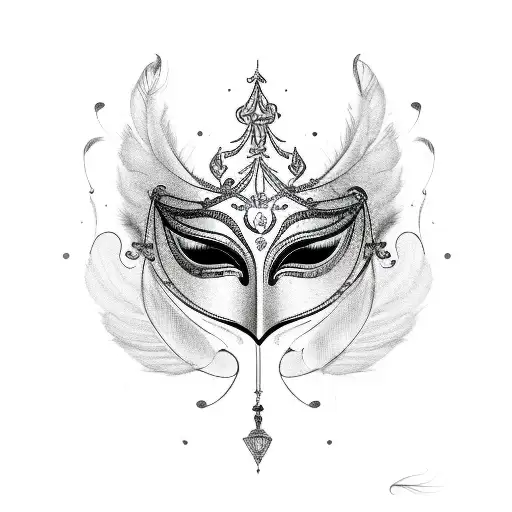 A sketch-style tattoo of a Venetian carnivale mask with feathers and musical notes floating around it tattoo design idea