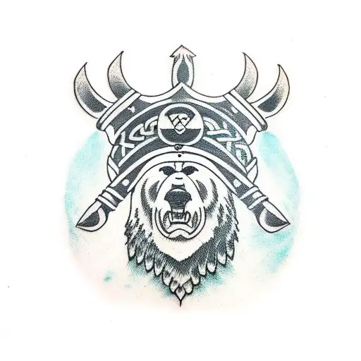 Viking lady wearing a bear head and fur with an axe tattoo design idea