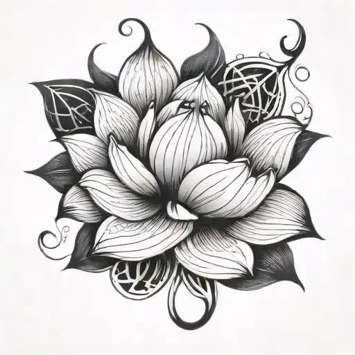 Lotus flower intertwined with fish hooks to represent balance between beauty and strength tattoo design idea