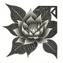 A geometric design incorporating lotus flowers, fish hooks, and triangles symbolizing family unity tattoo design idea