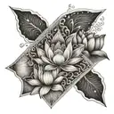 A geometric design incorporating lotus flowers, fish hooks, and triangles symbolizing family unity tattoo design idea