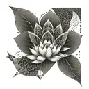 A geometric design incorporating lotus flowers, fish hooks, and triangles symbolizing family unity tattoo design idea