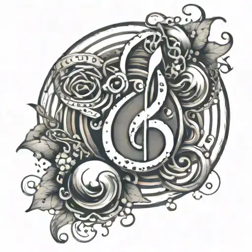 A tattoo design of a powerful feminist symbol intertwined with musical notes from hip hop and Motown genres tattoo design idea