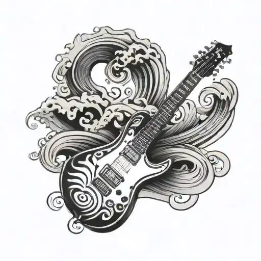 A tattoo design featuring a guitar and a wave to represent the client's love for music and surfing tattoo design idea