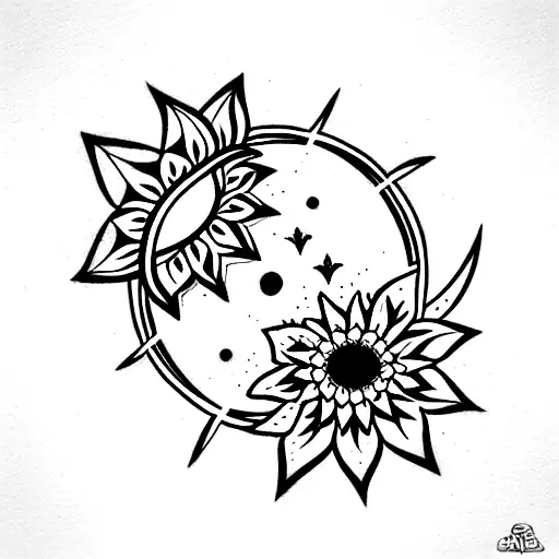 sol, luna y estrellas con flores y hojas tattoo design idea