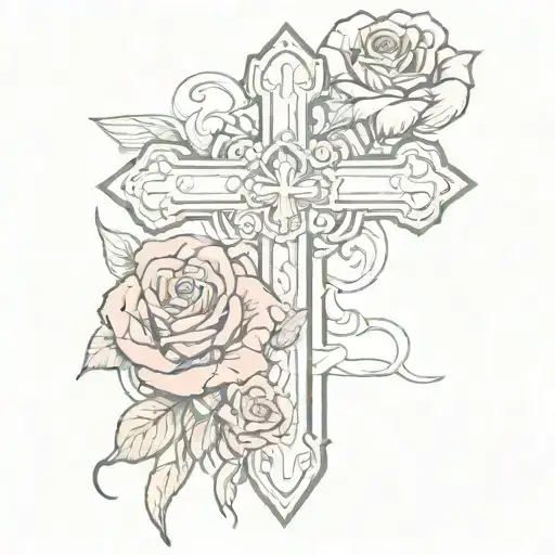 catholic cross with feminine pink and red roses entwined tattoo design idea