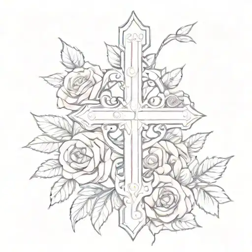 catholic cross with feminine pink and red roses intertwined and growing  tattoo design idea