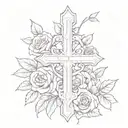 catholic cross with feminine pink and red roses intertwined and growing  tattoo design idea