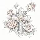 catholic cross with feminine pink and red roses intertwined and growing  tattoo design idea