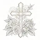 catholic cross with feminine pink and red roses intertwined and growing  tattoo design idea