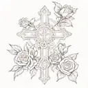catholic cross with feminine pink and red roses intertwined and growing  tattoo design idea