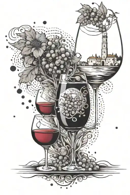 provence and glass of wine with wave tattoo design idea