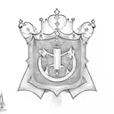 princess crown with the letter E on it, on top of a knights shield and sword tattoo design idea