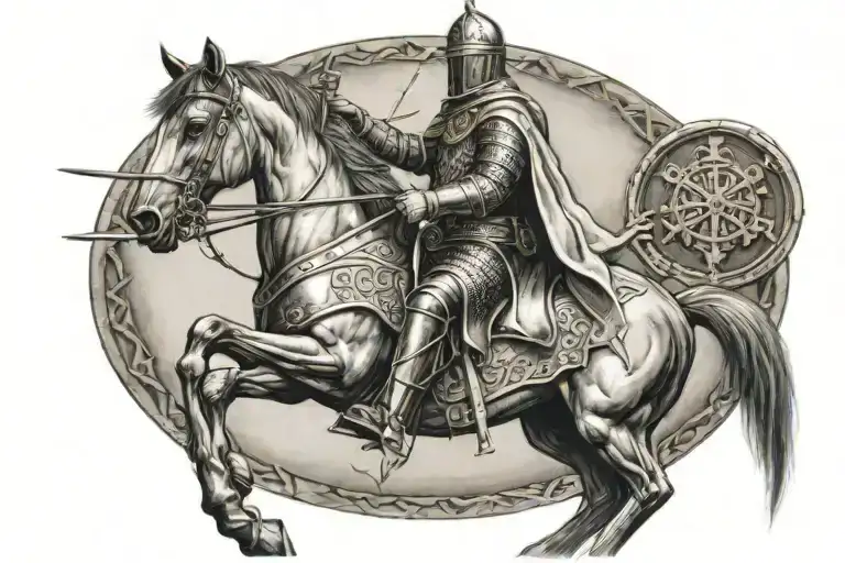 Knight Templar, Horse, with the Medal of Saint Benedict on his shield, sword and rosary in his hand tattoo design idea