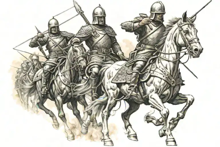 Templar, horses, Saint Benedict medal, armored cars in the background, and the lance of the Brazilian army cavalry tattoo design idea