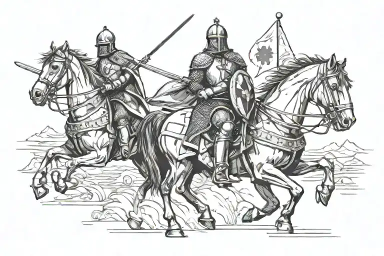 Knight Templar, Horse, armored cars of the army, Medal of Saint Benedict, sword and spear of the cavalry. tattoo design idea