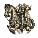Templar Knight: In the center of the tattoo, Symbol of the Cavalry Weapon of the Brazilian Army, horse, armored vehicles. tattoo design idea