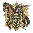 Templar Knight: In the center of the tattoo, Symbol of the Cavalry Weapon of the Brazilian Army, horse, armored vehicles. tattoo design idea