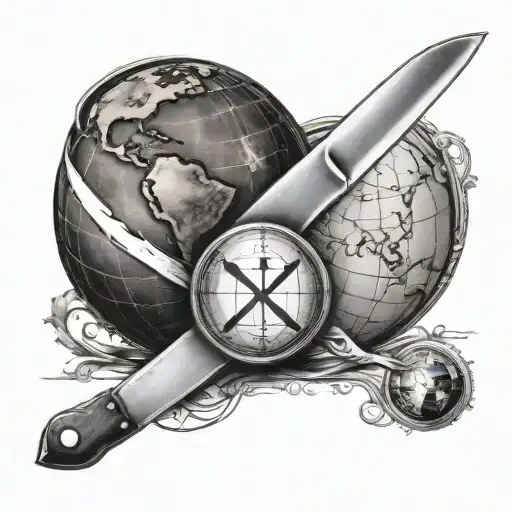A realistic tattoo of a chef's knife and fork crossed with a globe in the background symbolizing travel tattoo design idea