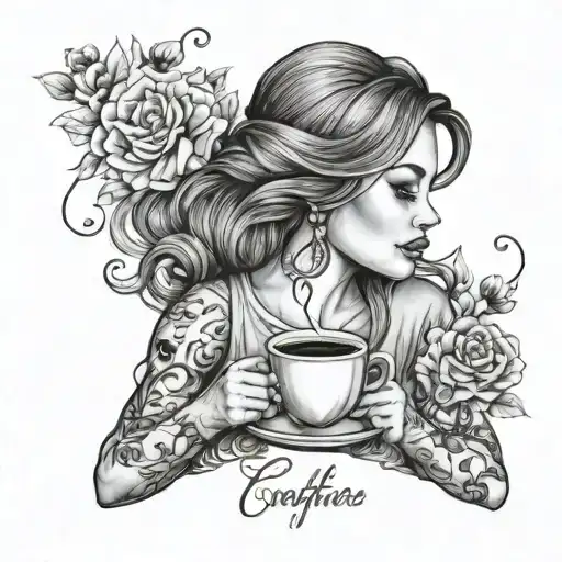 A beautiful portrait of your daughter holding a cup of coffee, surrounded by motivational life quotes in elegant script font tattoo design idea