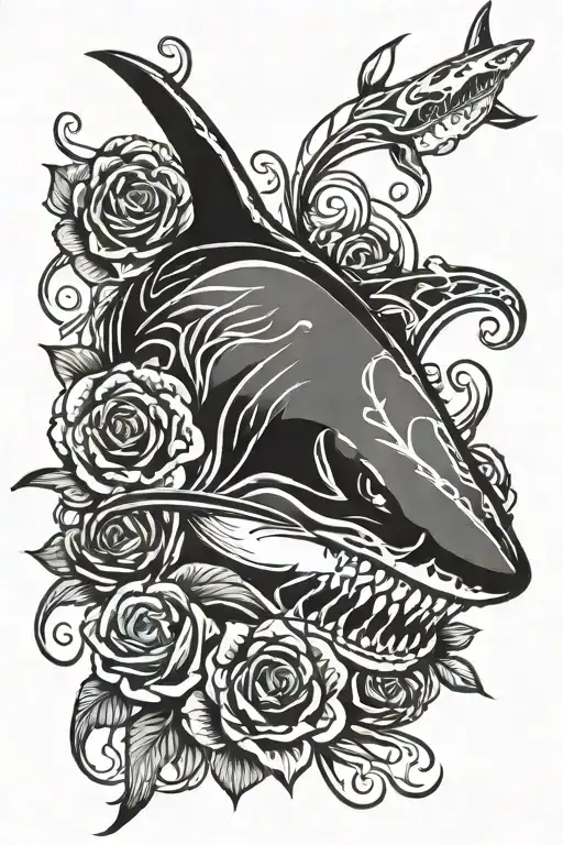 shark skull roses car tattoo design idea