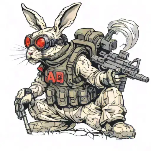 full body tactical bunny wearing bullet proof vest and gas mask with glowing red eyes holding an AR 15 with a hurt ear tattoo design idea